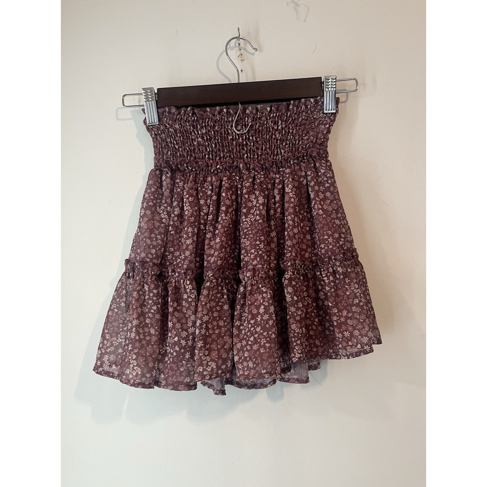 Altar'd State Floral Maroon Bubble Mini‎ Skirt Size XS Smocked Elastic Tiered